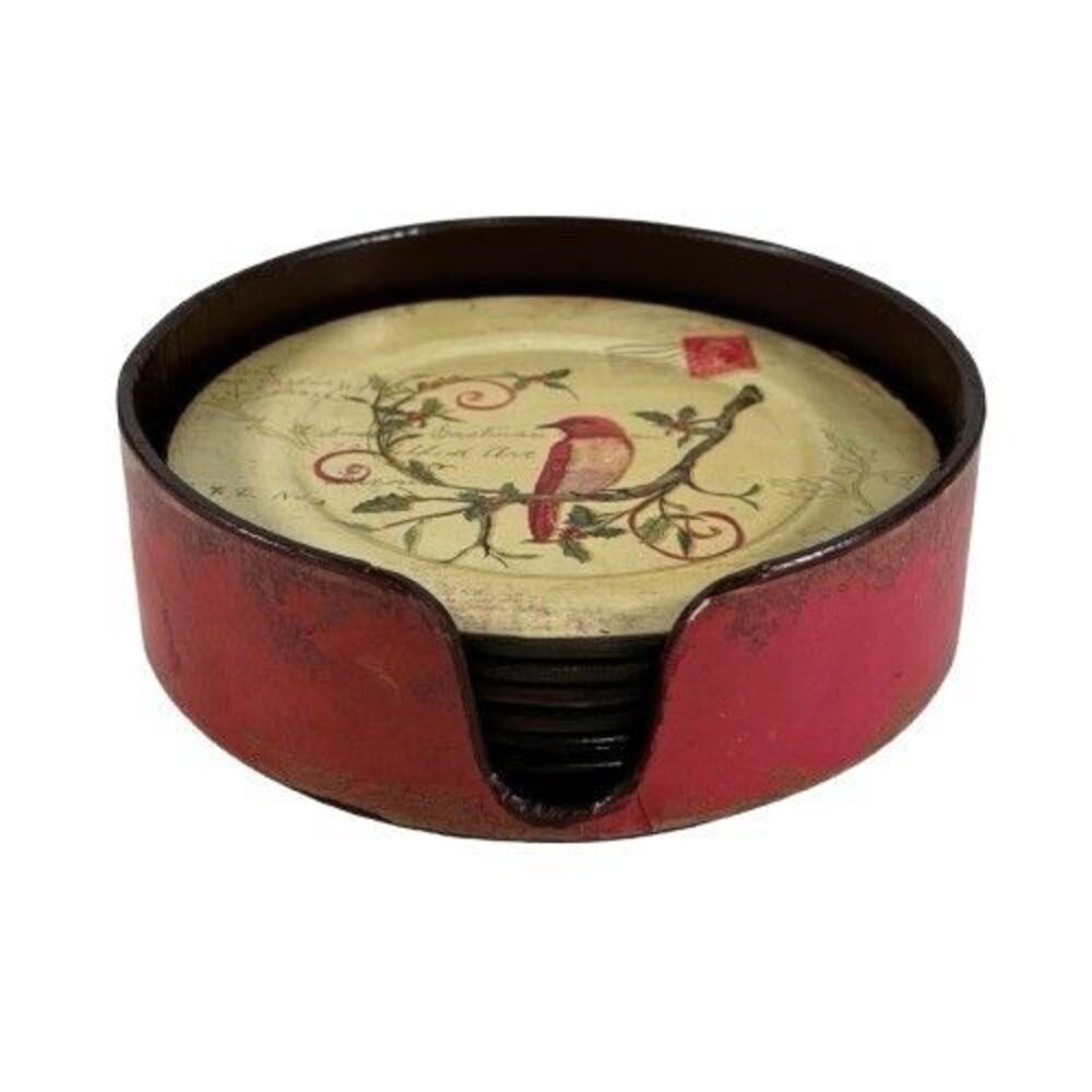 Creative Co-Op Kate McRostie Redbird Bird Design Works Coaster Set w/ Holder